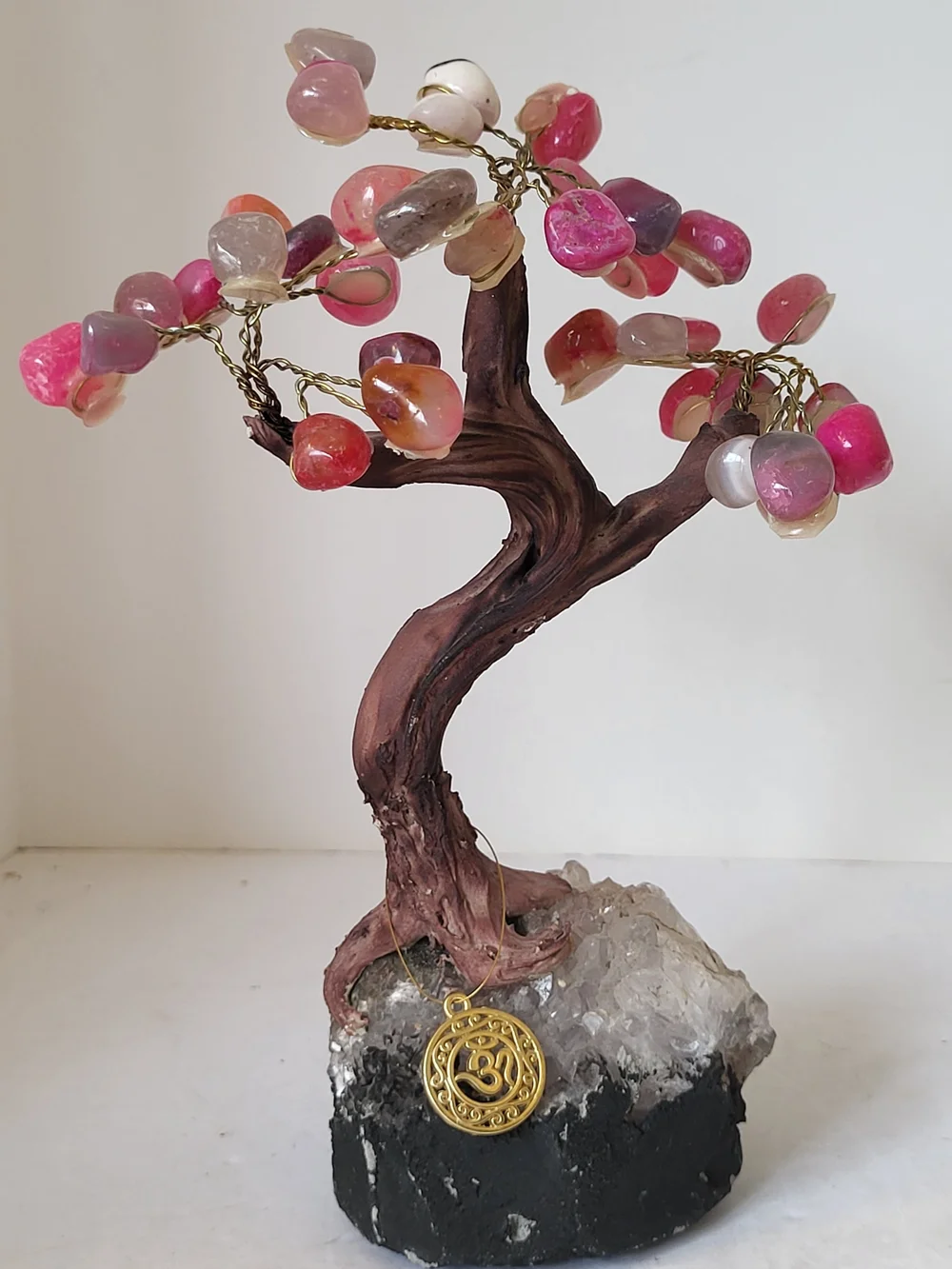Pink Agate Gemstone Wire Bonsai Tree Of Life on Quartz Crystal Base 7